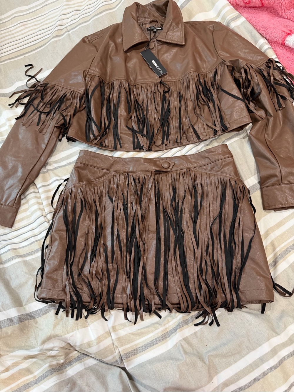 Fashion Nova Brown Fringe Faux Leather Mini Skirt